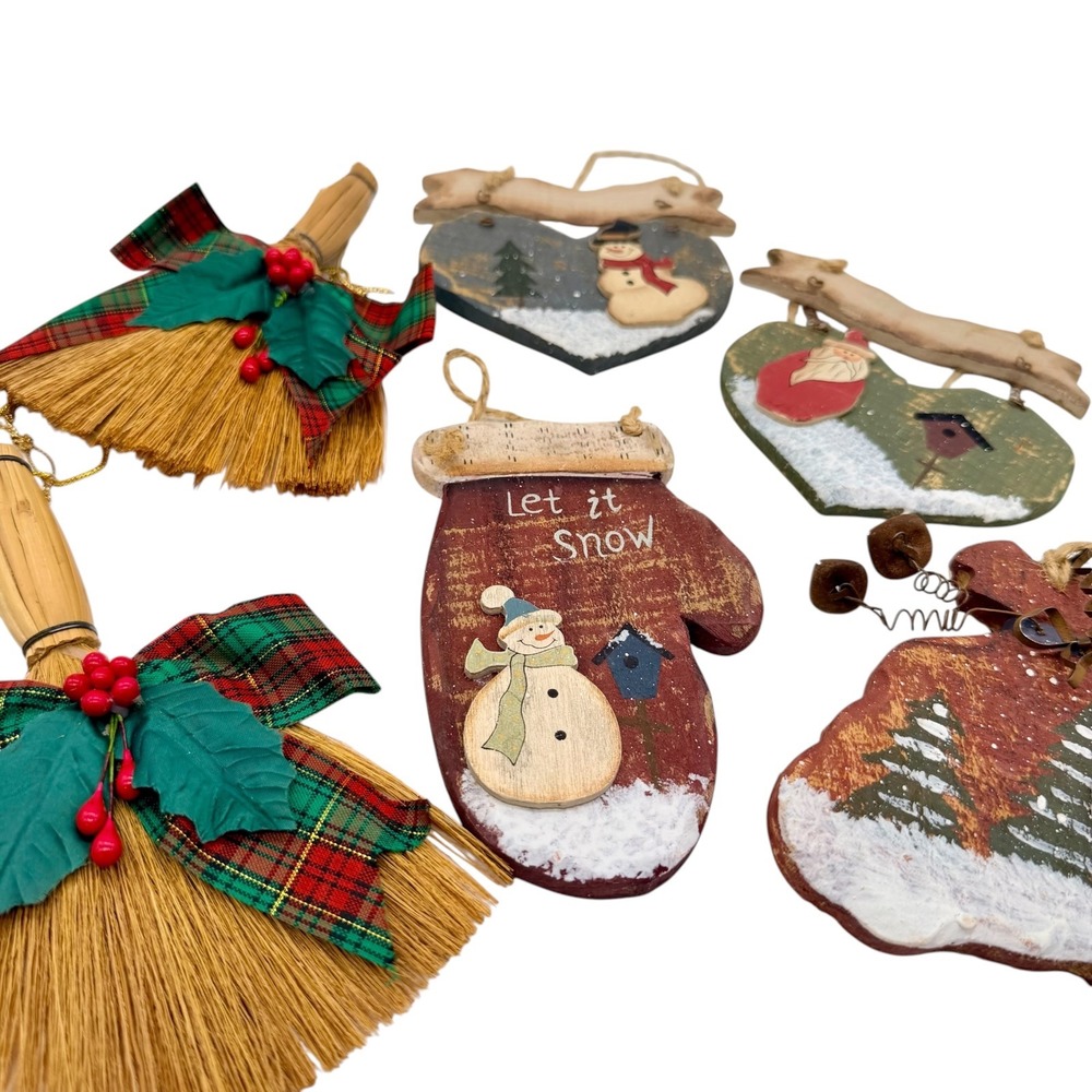Unbranded Rustic Wood Snowman Santa Christmas Ornament Set 6pc Vintage Style